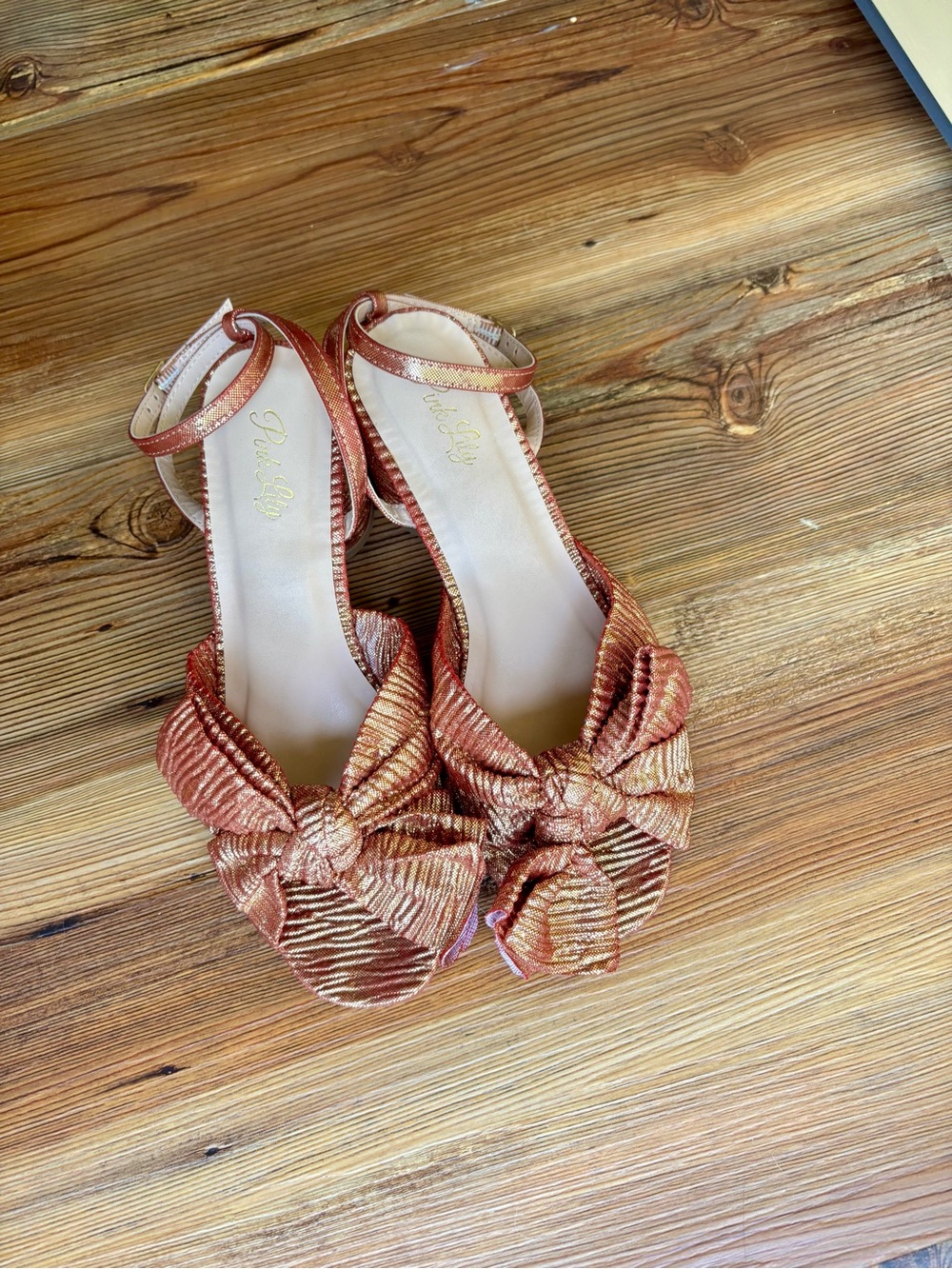 Metallic Rose Gold Bow-Front Women's Chunky Heels
